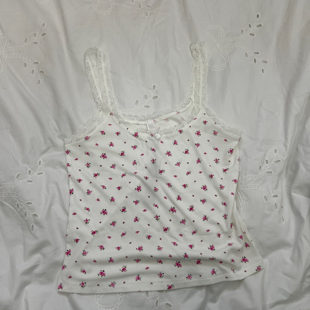 Skims Floral Lace Trim Camisole - White and Pink